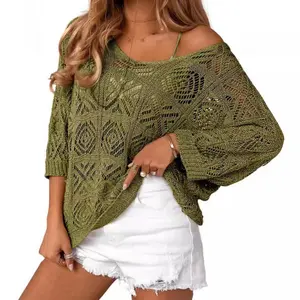 Women's 2026 Spring Summer Crochet Hollow Out 3/4 Sleeve Pullover Sweater Off Shoulder T-Shirts, Vacation Bohemian Hollow Knit Cover-Up, Bikini Swimsuit Vacation Cover-Up Sunscreen for Women