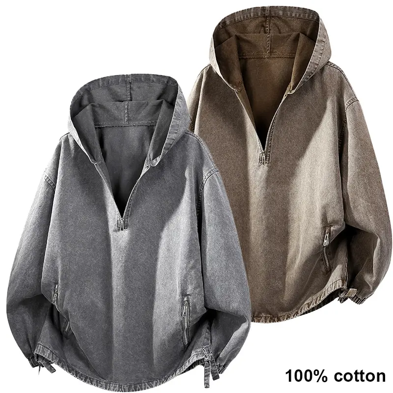 Pure cotton washed hoodie sweatshirt, men’s style — spring trend, featuring a relaxed V-neck design; washed jacket with a retro half-zip closure, zippered pockets, elasticated hem, and elastic cuffs; made from soft, comfortable, breathable fabric, 1980s/1