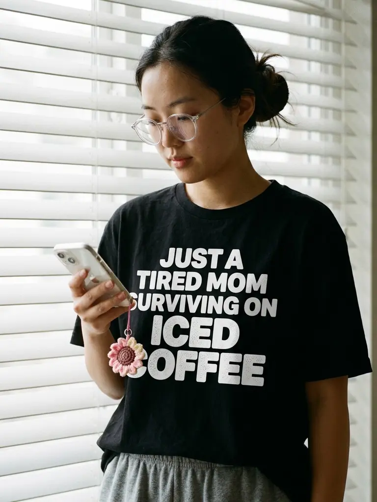 Women's Just A Tired Mom Surviving On Iced Coffee Front Print Tee