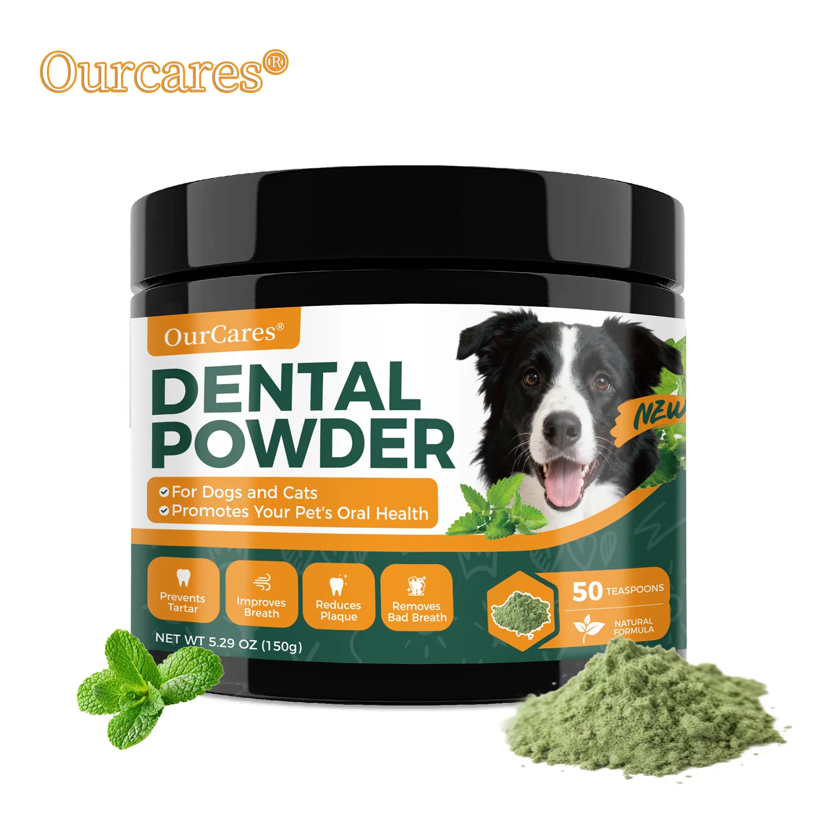 OurCares  Dog Teeth Cleaning Powder (Peppermint Flavor) – 150g | With Lysozyme, Probiotics & Activated Charcoal, Fights Plaque & Freshens Breath，GLB