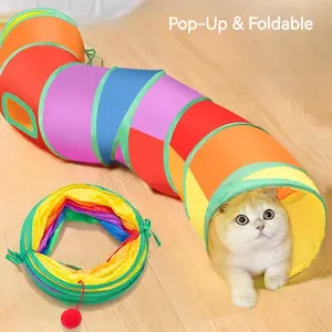 Rainbow Cat Tunnel Toy | Foldable Play Tube with Peek Hole & Dangling Ball | Interactive Indoor Kitten Exerciser & Space-Saving
