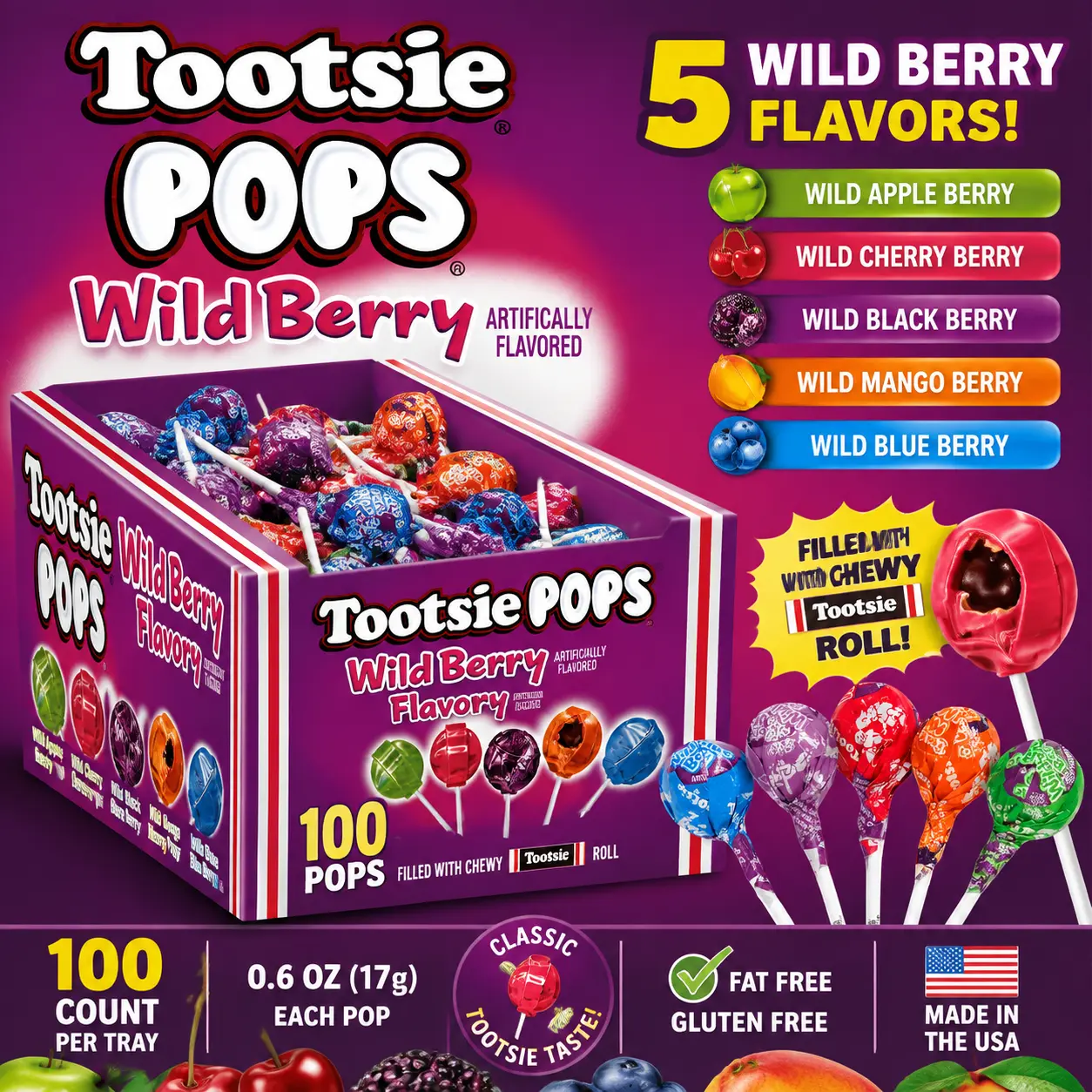Tootsie Pops Wild Berry Lollipops 100 Count Tray  Fruity Hard Candy with Chewy Tootsie Roll Center | Bulk Party Treats