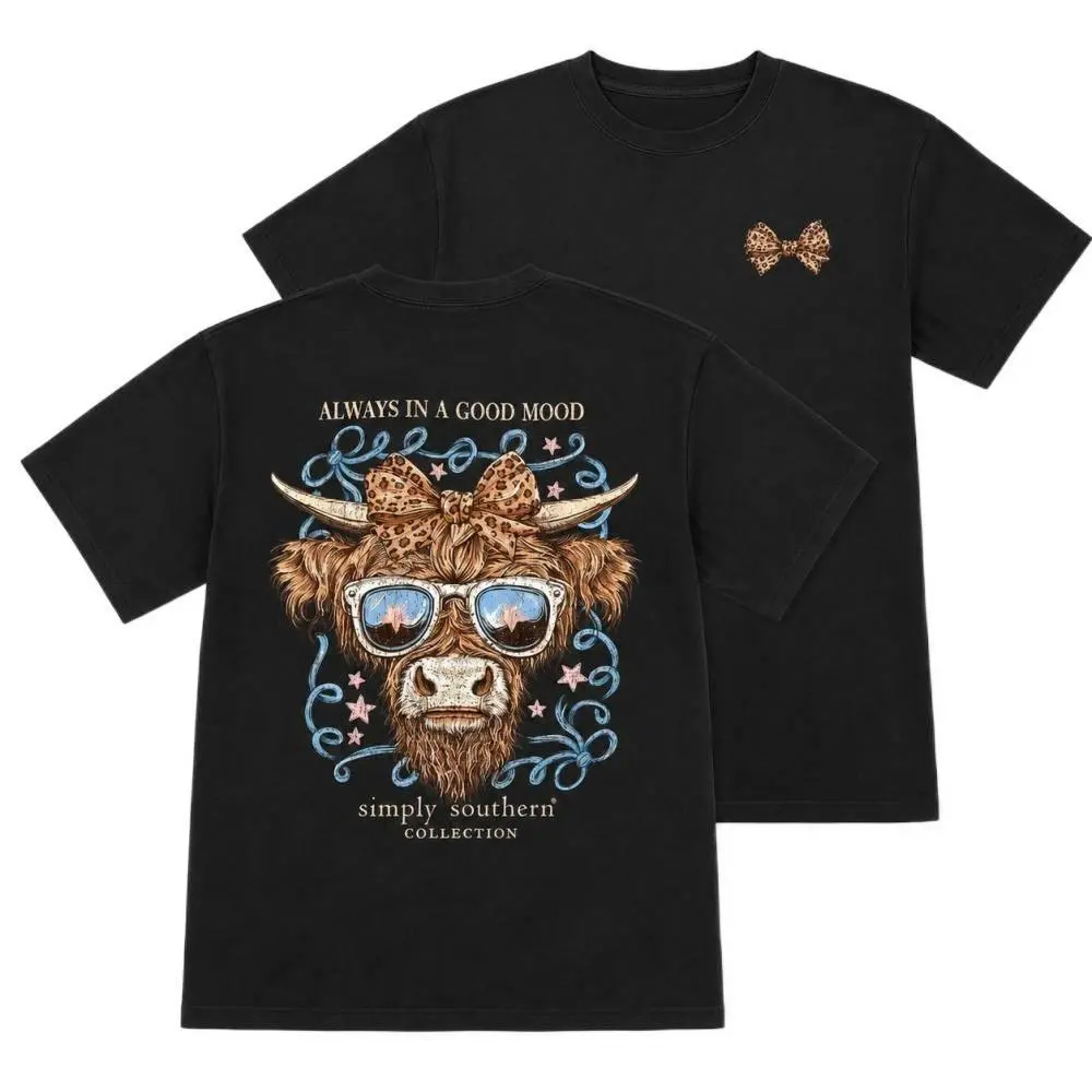 Men's Simply Southern Always in a Good Mood Highlander Cow Graphic Pullover T-Shirt, S, Pure Cotton, Casual, Gym, Army-Navy Colors, All Seasons, Low Iron, Color-Sorted Wash, Garment