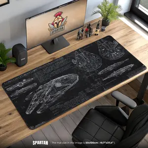 Millennium Falcon Mouse Pad – Black Desk Mat with Ship Blueprint Design, Sci-Fi Tech Decor, Galaxy Gift Idea