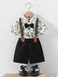 Boy's suit set, Ink floral gentleman style, Boy's printed shirt + waistcoat shorts two-piece set, 3D bow tie + leather buckle waistcoat, Valentine's Day gift, suitable for 100-day celebration, first birthday party, family gatherings, baby supplies