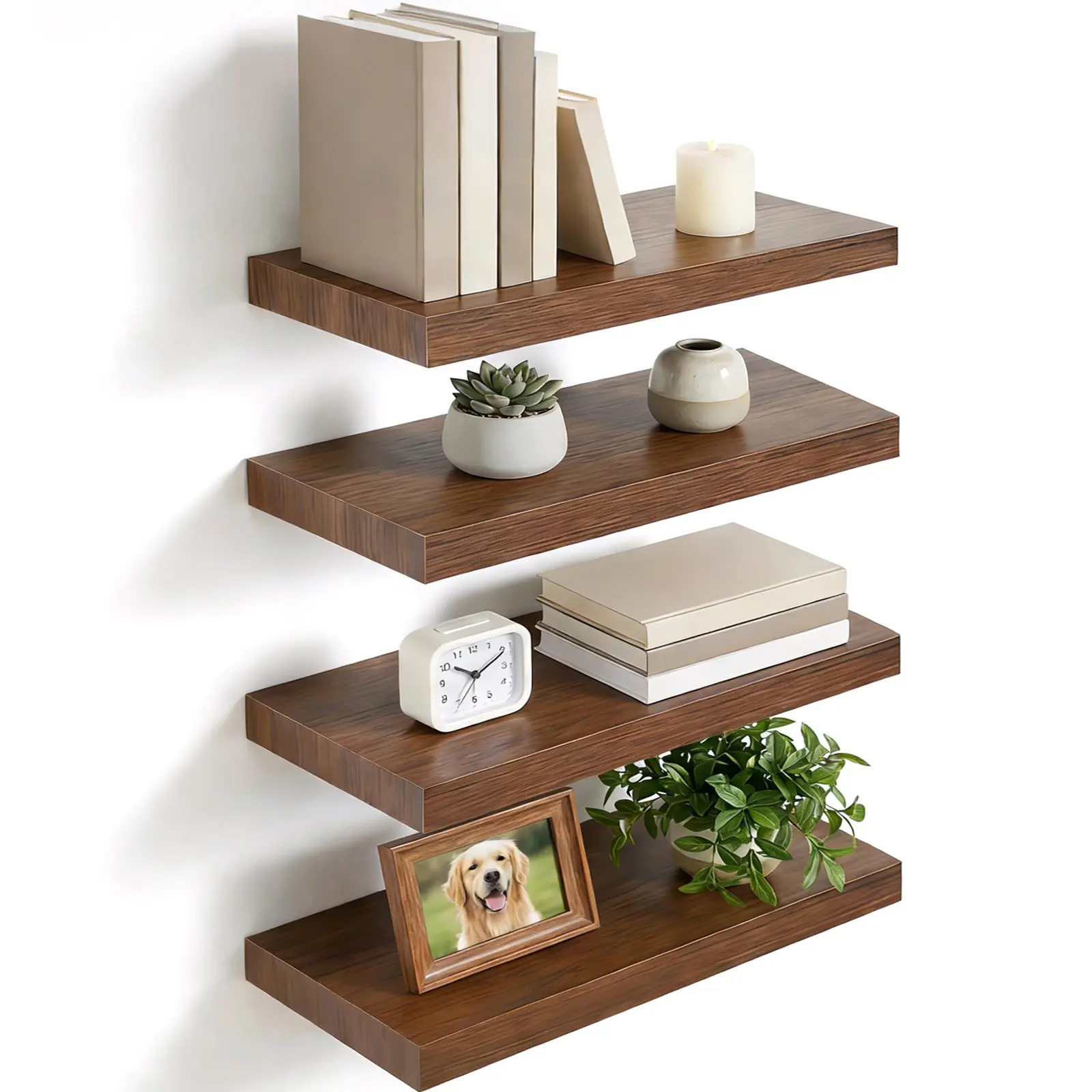 Rustic Brown Farmhouse Wood Floating Shelves - 4-Piece Recyclable Home Decor, Bathroom Organizing Accessories, Home Organization Storage for Bathroom & Kitchen, Holds Plants, Toilet Paper, Bath Towels