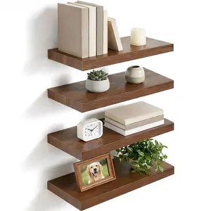 Rustic Brown Farmhouse Wood Floating Shelves - 4-Piece Recyclable Bathroom Organizing Accessories, Over-Toilet Storage for Bathroom & Kitchen, Holds Plants, Toilet Paper, Bath Towels