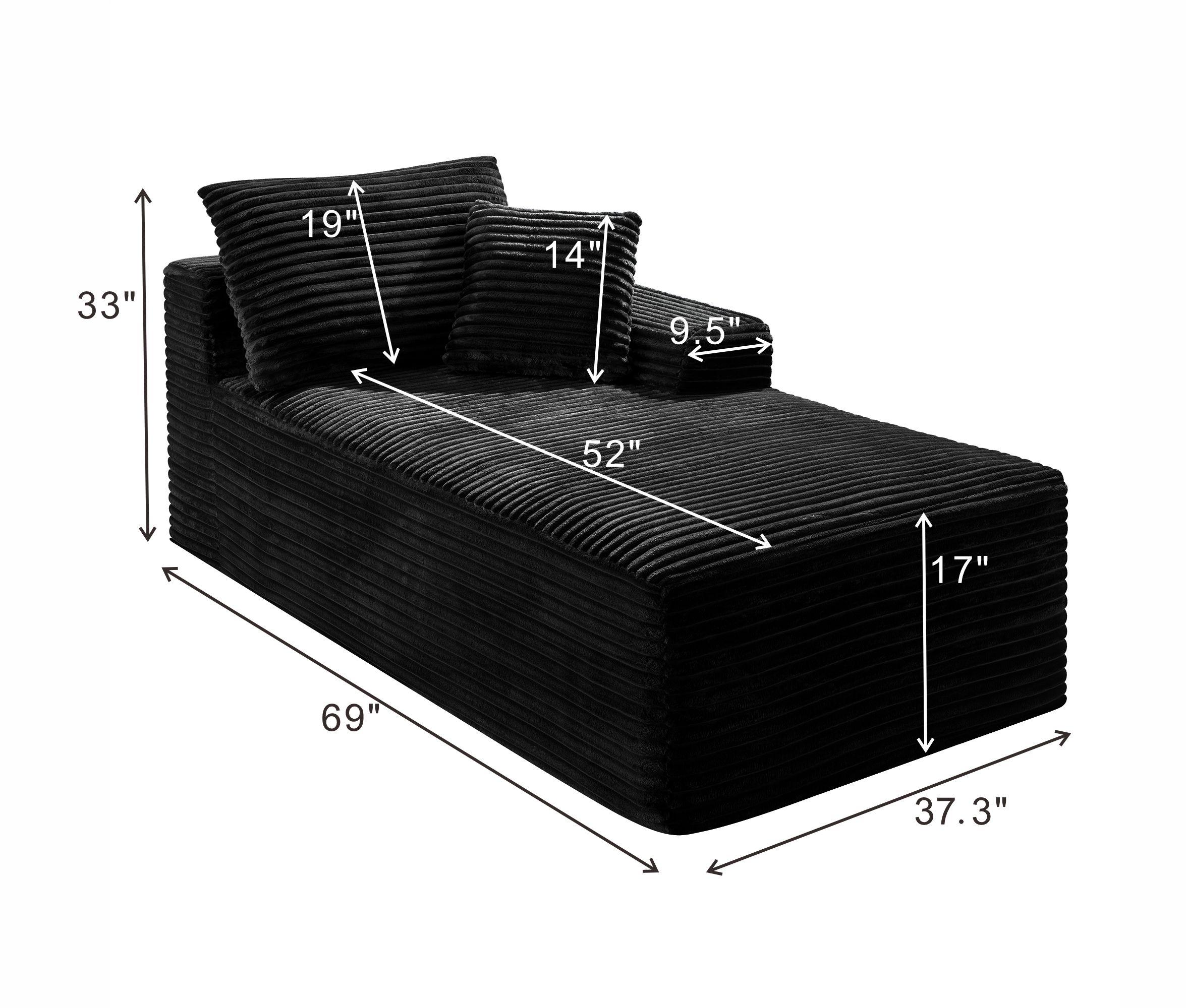 Chaise Lounge Chair Indoor Sleeper Black Corduroy Modular Sofa Couch, Legless Floor-Hugging Armless Accent Chair for Living Room Bedroom, No Assembly Required