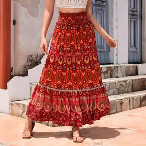 2025 Bohemian Style Exotic Lace Patchwork Rayon Midi Skirt