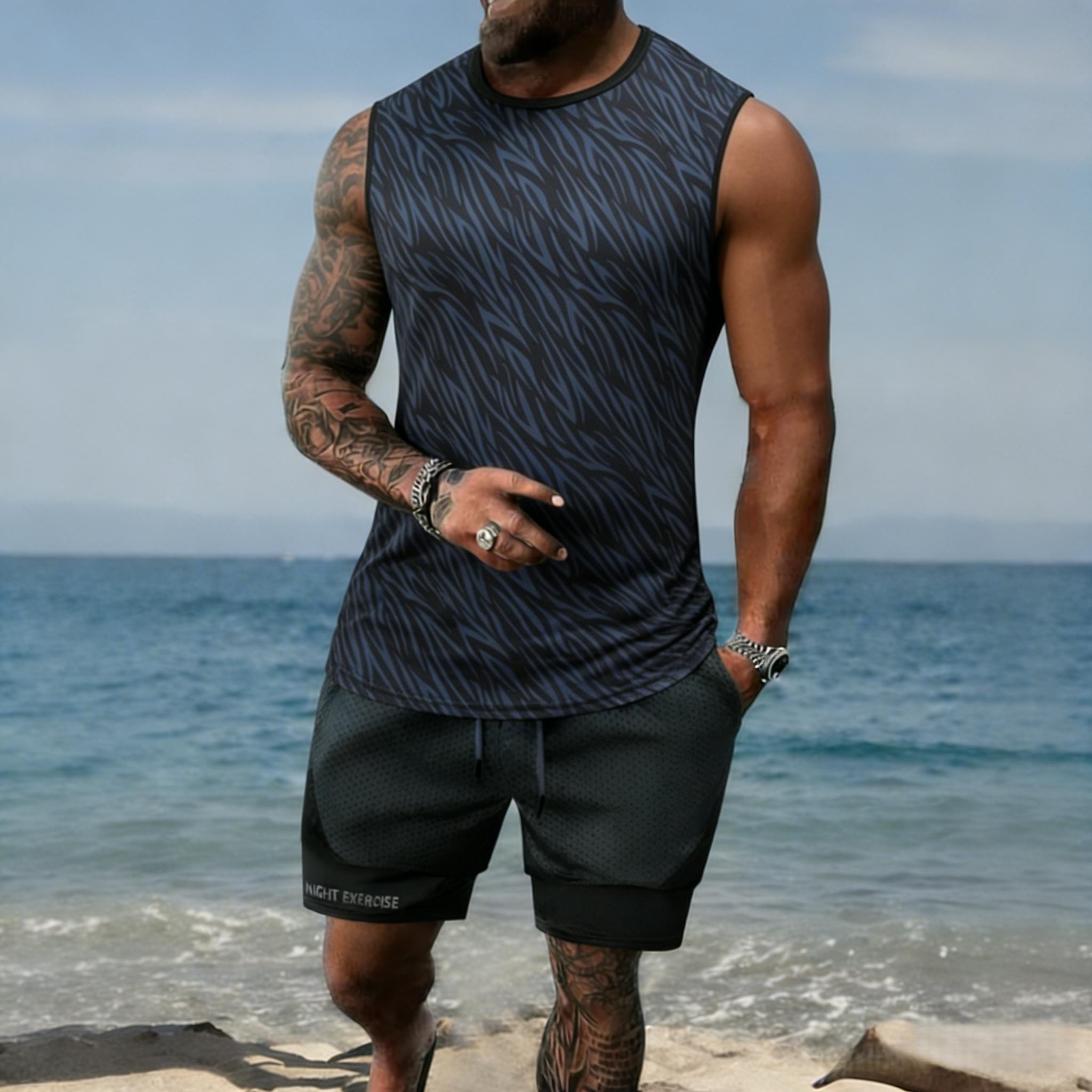 Men’s printed tank top and shorts set, regular fit casual quick-dry sweat-wicking breathable sleeveless top with shorts combo, summer men’s apparel set