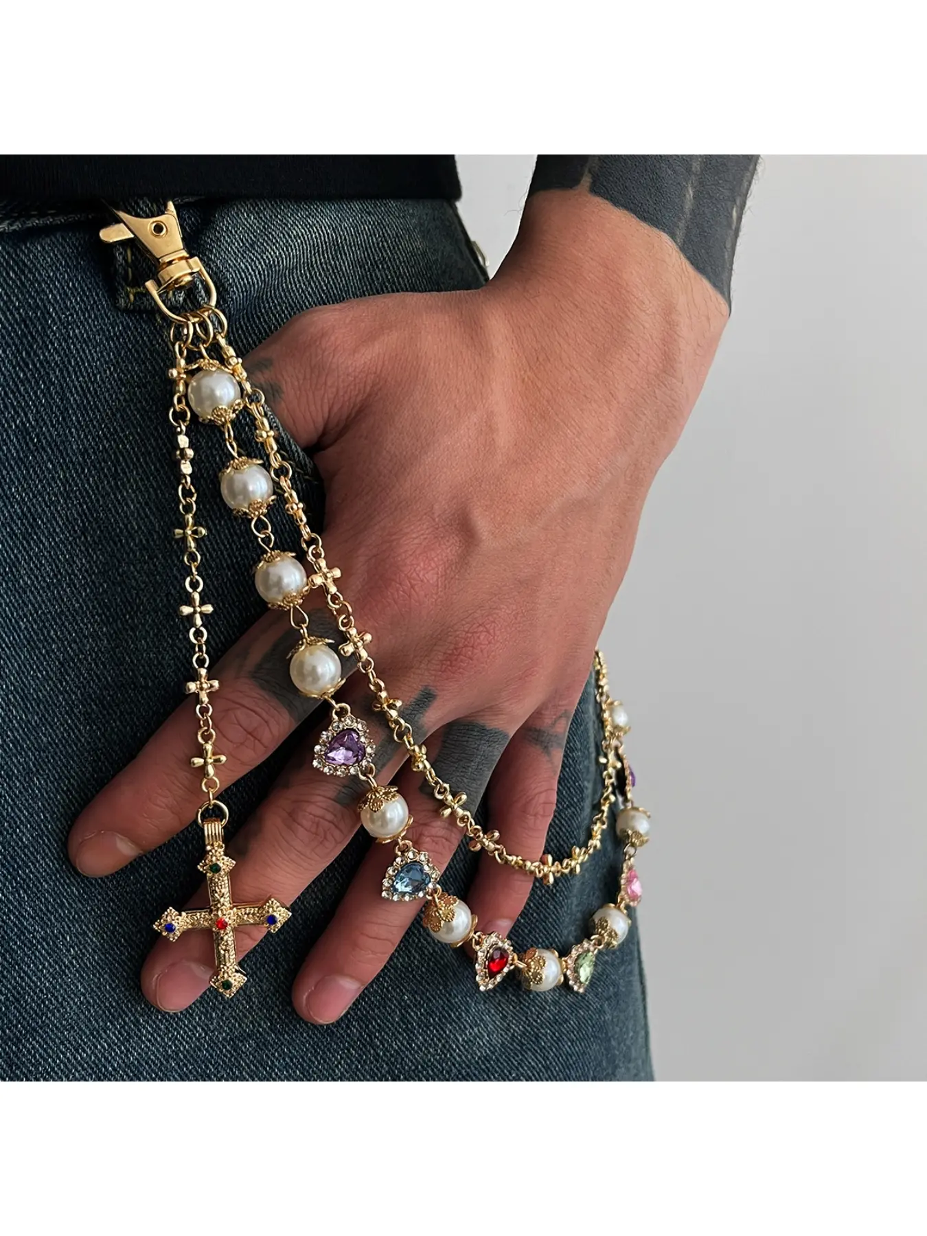 European and American fashion accessories, men's pearl small flower cross heart pants chain, versatile stylish accessory pendant, Adjustable waist chain