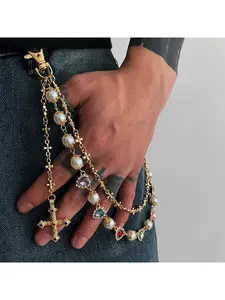 European and American fashion accessories, men's pearl small flower cross heart pants chain, versatile stylish accessory pendant, Adjustable waist chain
