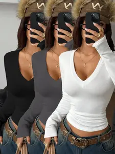 2026 Women's 3-Piece Fall Winter Solid Color V-Neck Waist Cinching Fitted Long Sleeve T-Shirt Set, Inner Wear & Outerwear