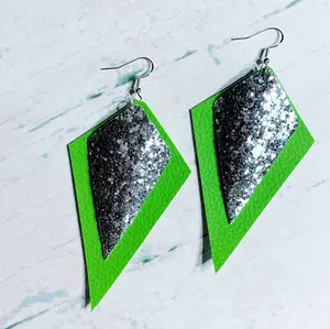 Silver Glitter & Green Leather Earrings