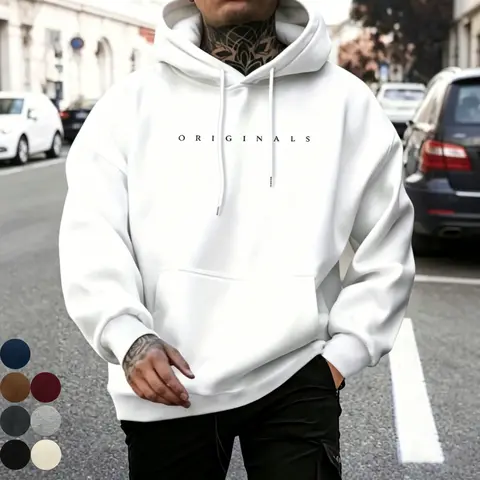 Men's Wool Hooded Graphic Hoodie - Mens Clothing, Baggy Casual Long Sleeve Tops, Original Letter Print, Pocket, Adjustable Drawstring Hood, High-Quality Patchwork, Unisex Off-Shoulder Clothing, Warm for Autumn/Winter (Warm White, Navy)
