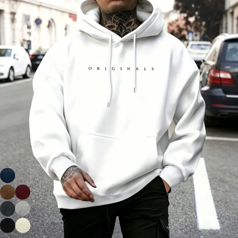 Men's Wool Hooded Graphic Hoodie - Mens Clothing, Baggy Casual Long Sleeve Tops, Original Letter Print, Pocket, Adjustable Drawstring Hood, High-Quality Patchwork, Unisex Off-Shoulder Clothing, Warm for Autumn/Winter (Warm White, Navy)