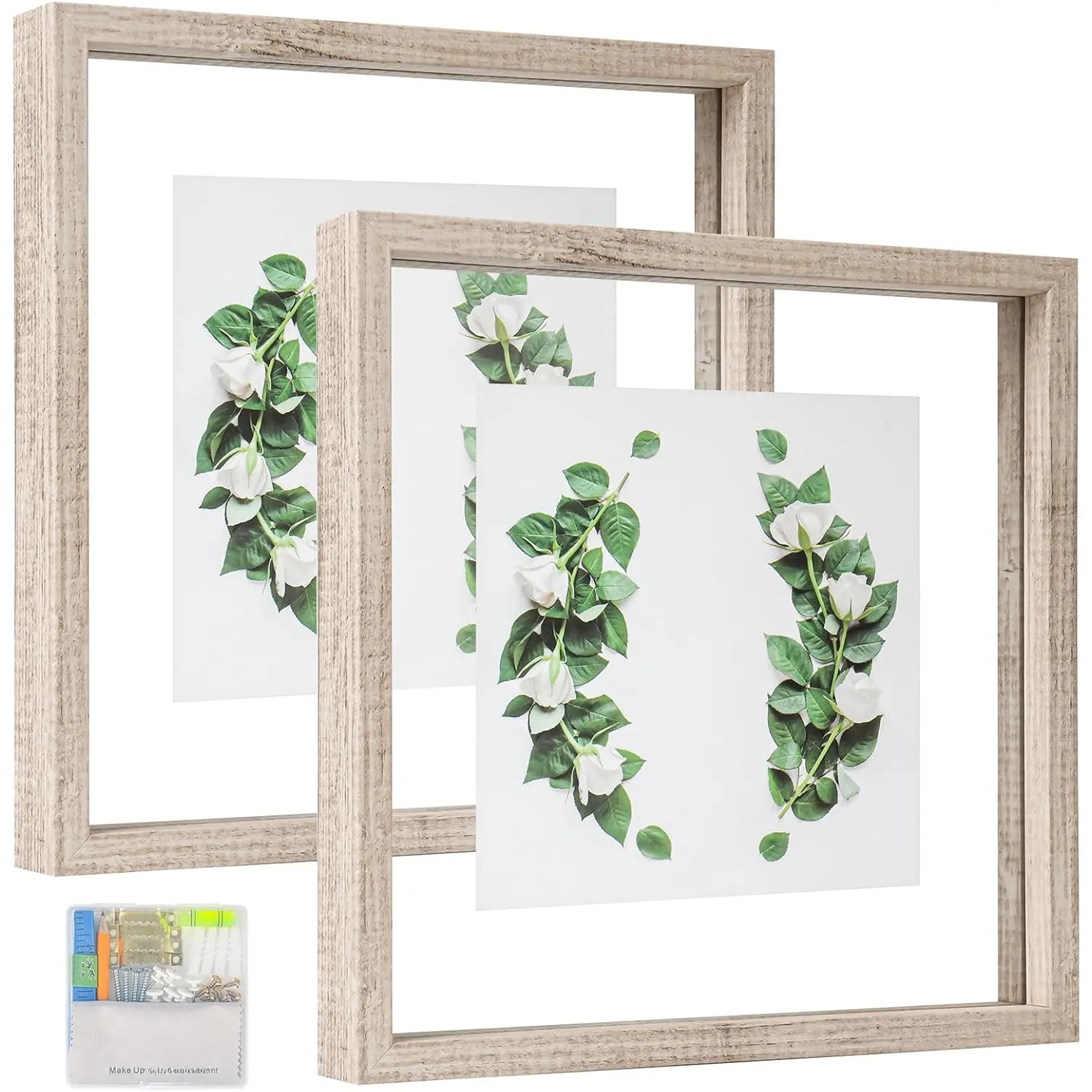 10x10 Floating Frame Distressed Beige White  ,Double Glass Square Picture Frame Display Any Size Photo up to 10x10,Wall Mount or Tabletop,2 Pack