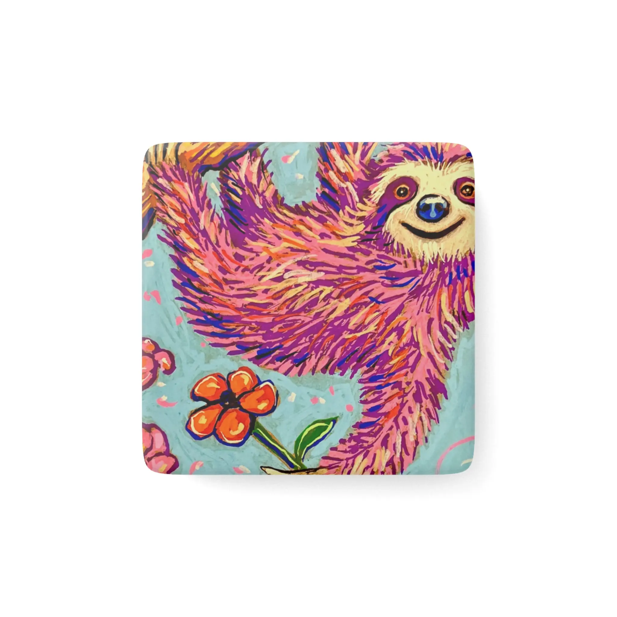 Colorful Floral Sloth Porcelain Magnet square | Cute Animal Refrigerator Magnet