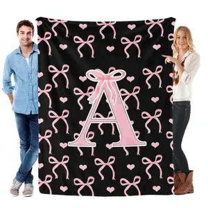 Personalized Initial A-Z Monogram Flannel Throw Blanket, Black Pink Custom Alphabet Blanket, Soft Cozy Bedding for Bedroom & Office, Multi Size Gift for Women, Teen Girls & Daughter