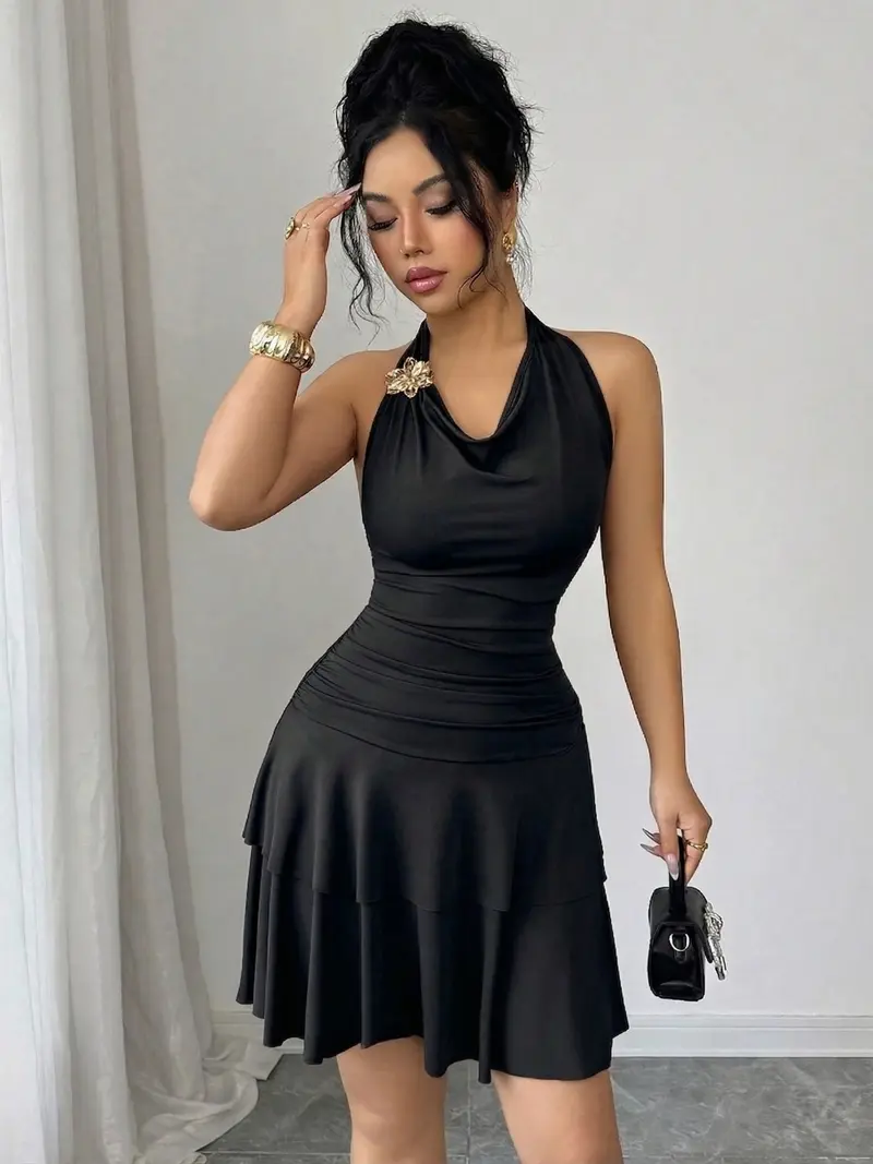 halter dress wedding guest short Halter Cowl Solid Mini Dress A / S