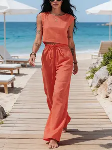 Women's Linen 2 Piece Set Suits, Crop Top & Wide Leg Pants, Drawstring Waist, Adjustable, Casual Aesthetic Summer Vacation Outfit, Beach Resort Wear, Effortless Chic Look, Womenswear, Clothes