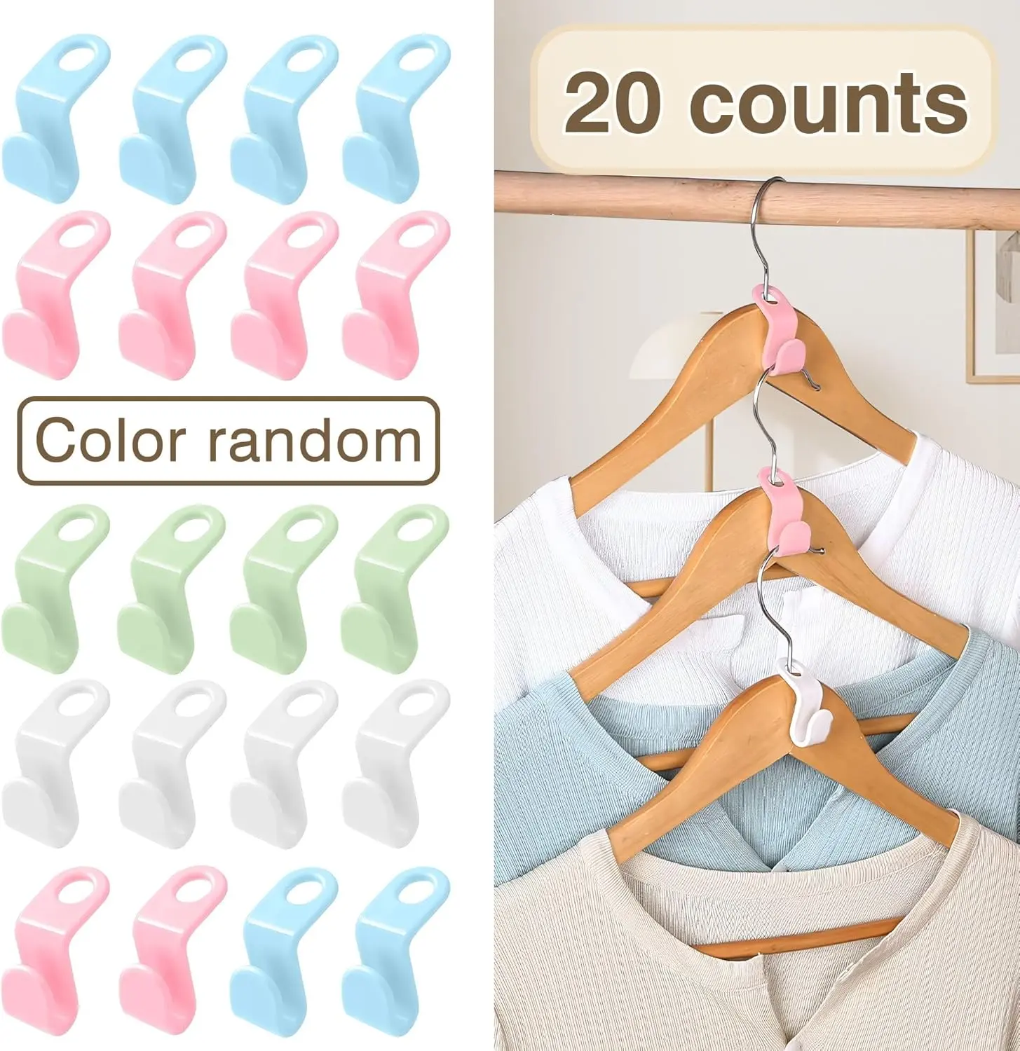 20-Count Multifunctional Plastic Heavy-Duty Stackable Hangers for Bedroom Wardrobe, Space-Saving Closet Organizer Hooks with 0-9kg Capacity PP Storage Solution for Dorms