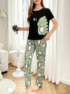 Cute Dinosaur Print Short Sleeve and Long Pants Pajama Sleepwear Set for Women, Comfortable Nightwear, Casual Home Loungewear