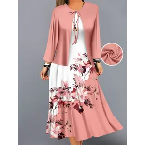 Fashion Women's solid color small cardigan and floral print patchwork dress two-piece set