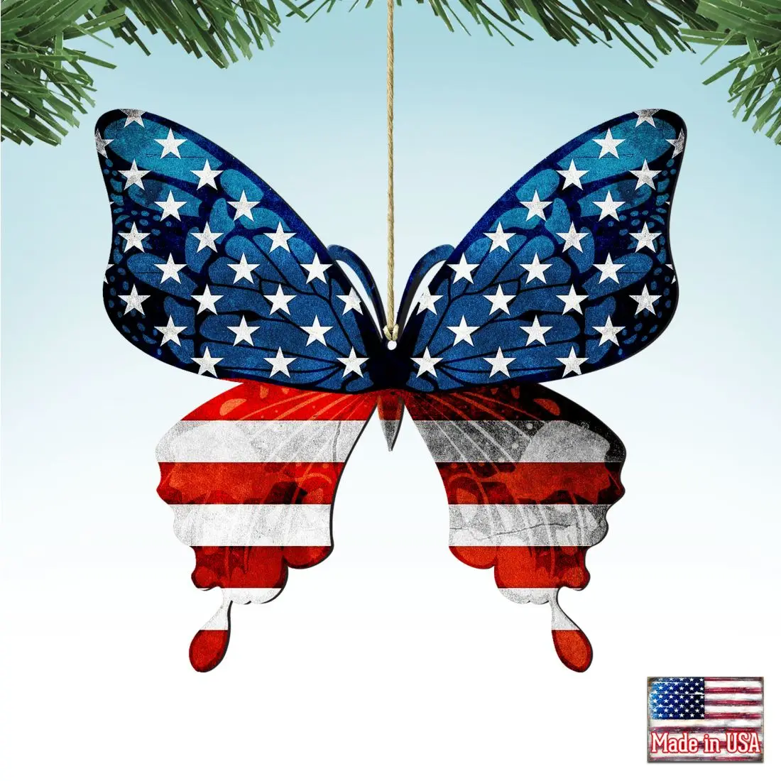 Designocracy 8187127-S2 Artistic USA Patriotic Butterfly Wooden Ornaments, 5x5.5 in, Set of 2 - Christmas Decor for Room Decor