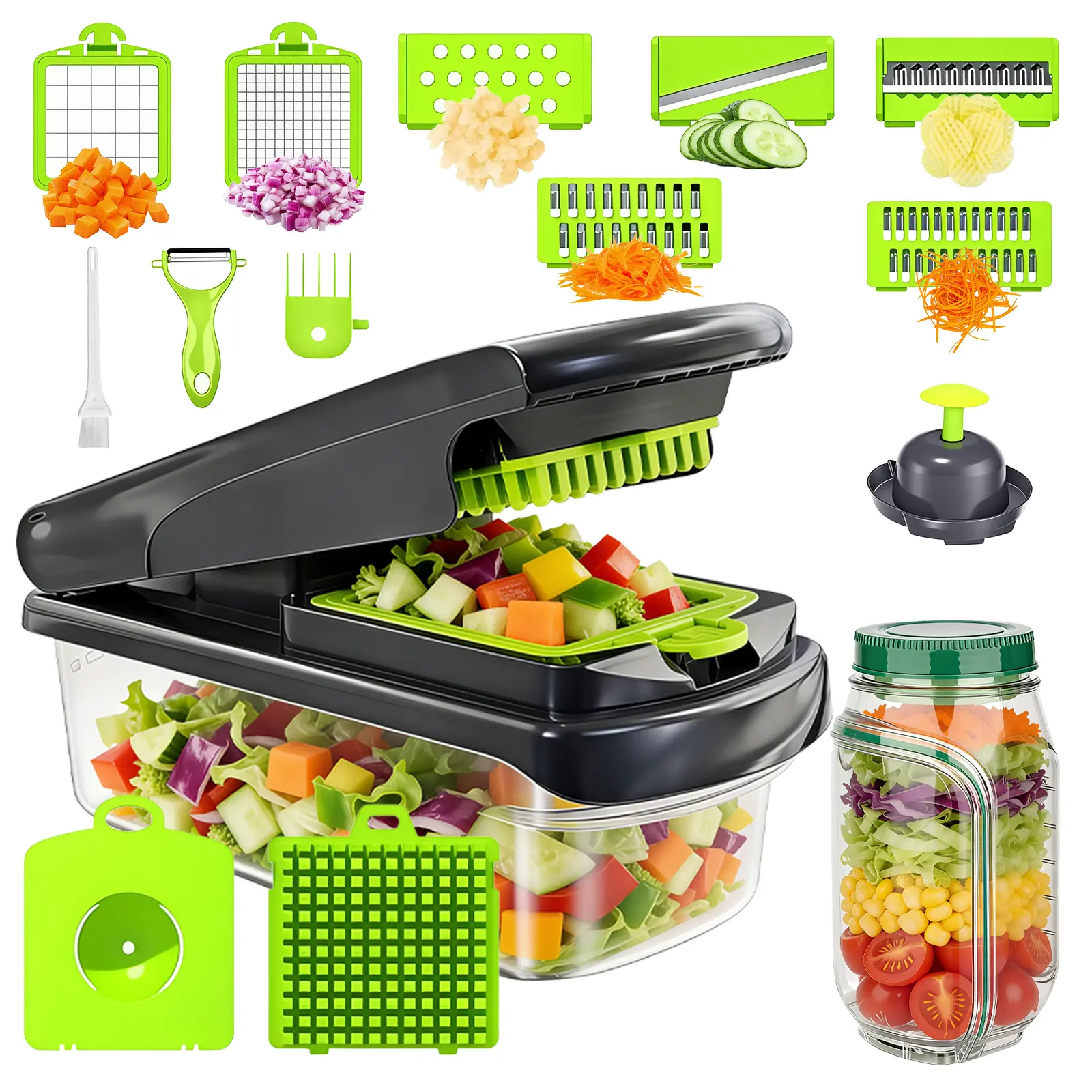 Vegetable Chopper and Salad Jar 15-in-1 Multifunctional Chopper with Mason Jar Side Open for Lunch Travel Leakproof Fruit Garlic Onion Potato Grater Kitchen Gadgets