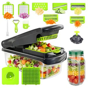 Vegetable Chopper and Salad Jar 15-in-1 Multifunctional Chopper with Mason Jar Side Open for Lunch Travel Leakproof Fruit Garlic Onion Potato Grater Kitchen Gadgets