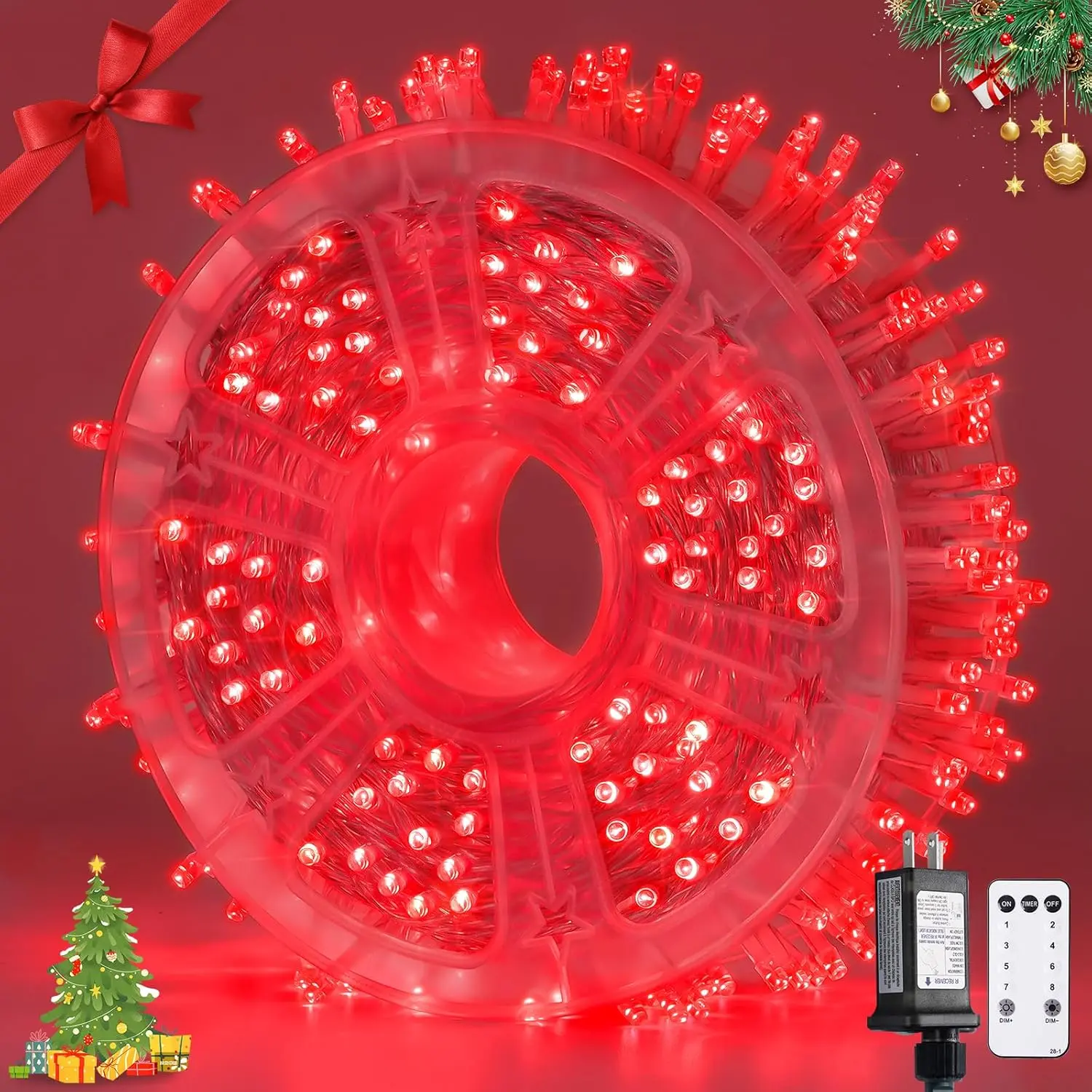 400-LED Red Christmas Plastic String Lights with LED Bulbs, 132ft Plug-Powered, Remote Control, 8 Modes Twinkle, Holiday Lighted Decor, Outdoor Safe for Indoor/Outdoor Tree, Home Festive Supplies