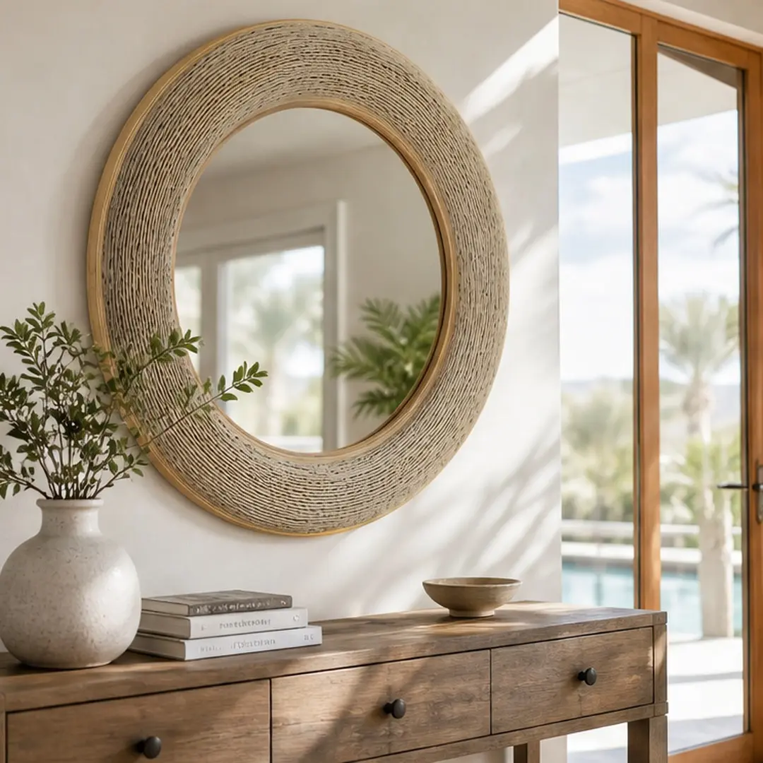 35.5-Inch Round Woven Bamboo-Enhanced Wall Mounted Decorative Mirror - Brown MDF/Glass/Plastic, Light-Weight Box-Packaged Oversized Statement Piece, Decorative Mirrors for Wall Decor for Living Room - Coastal Artisanal Focal Point, Wall Mounted Mirror