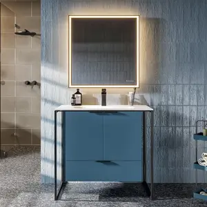 Moma 32 in. Blue Wall Mount Single Sink Bath Vanity with Solid Surface Top and Integrated Sink