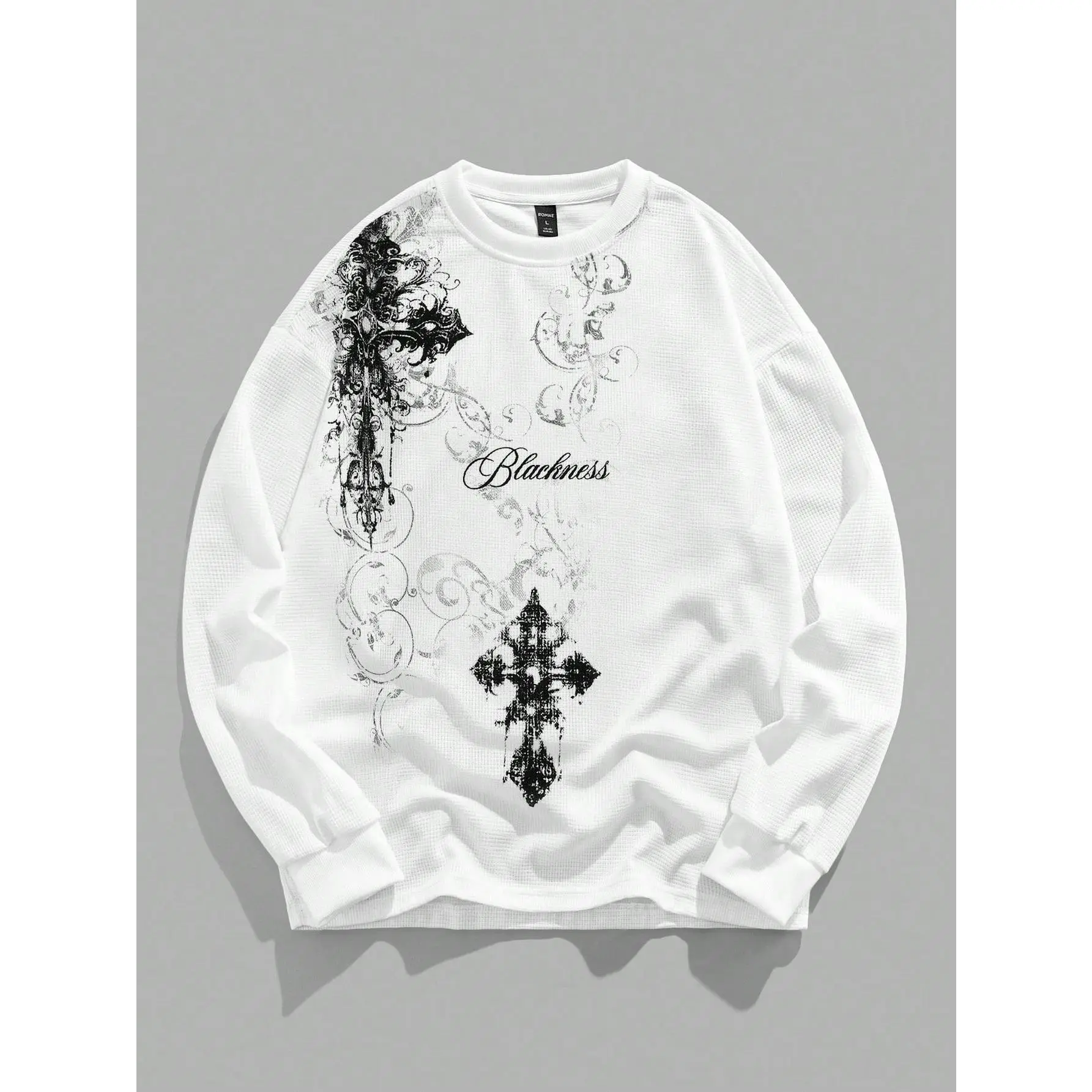 Men's Knitwear Gothic Cross Print Pullover Sweaters, Soft Waffle Fabric with Ribbed Cuffs, Easy Care Hang Dry, Tops, Male Clothing, Graphic Tops, Waffle Knit, Clothes, Soft Fabric-Poly