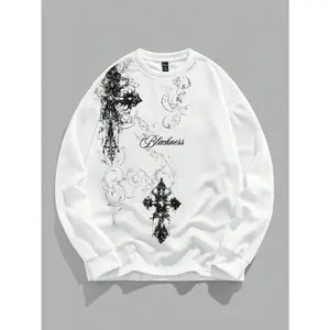 Men's Gothic Cross Print Waffle Fabric Pullover Sweatshirt, Suitable For Everyday Wear, Autumn/Winter
