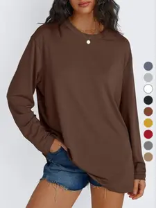 Women's Plain Crew Neck Knit Tee, Casual Fashion Long Sleeve Fit T-shirt for Daily Wear, Ladies Clothes for All Seasons, Streetwear Top