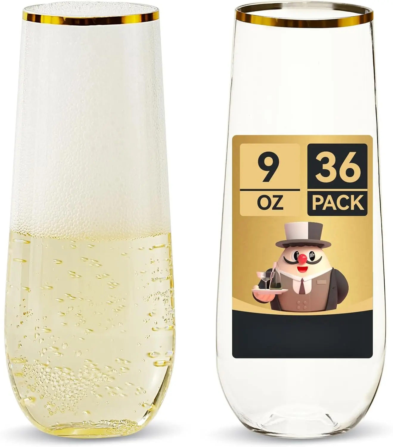 36 Pack 9 Oz Plastic Champagne Flutes | Stemless Champagne Glasses  Rim, Heavy Duty Plastic Toasting Glasses | Shatterproof | Disposable  For Any Party