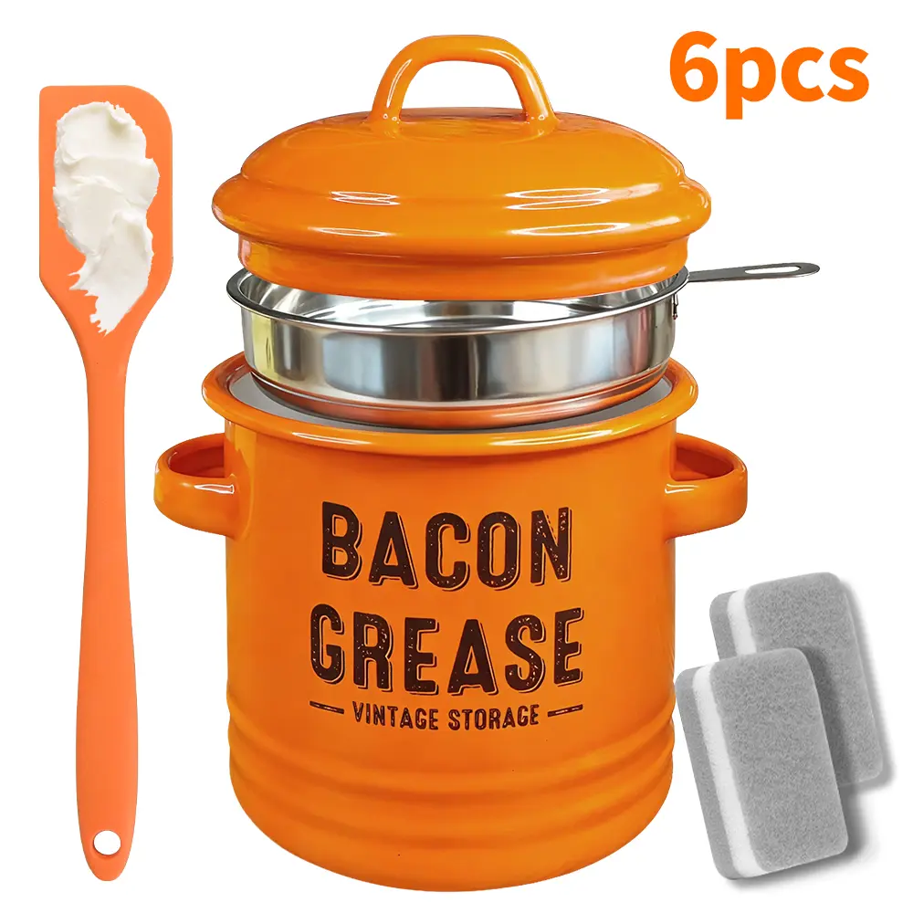 Large Enamel Bacon Grease Container with Handle Set - Kitchen Organization Kit Includes Fine Mesh Strainer, Silicone Spatula, Cleaning Sponges, Rustic Farmhouse Kitchen Utensil - Christmas Gift for Ladies (Pink/Yellow/Orange)