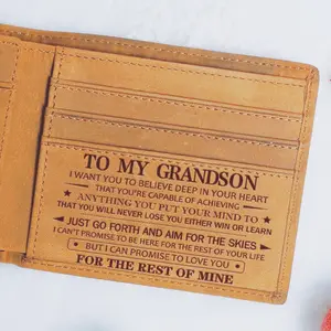 Thanksgiving For My Grandson - High Quality Laser Engraved Genuine Cowhide Card Wallet Christmas Birthday Gift for Grandparents to Son and Grandson，Valentine's Day and Mother's Day gifts