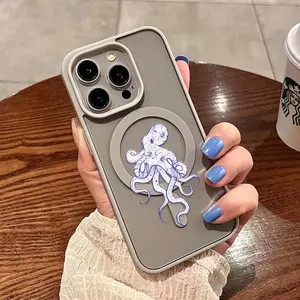 Creative Purple And White Graffiti Octopus Design, Made of Transparent Gray Dual-Color TPU Material, Shockproof And Drop-Resistant. This Magnetic Phone Case Is Suitable for iPhone 17 E Air Pro ProMax iPhone16 15 14 Plus 13 12 Mini 11 X XS XR