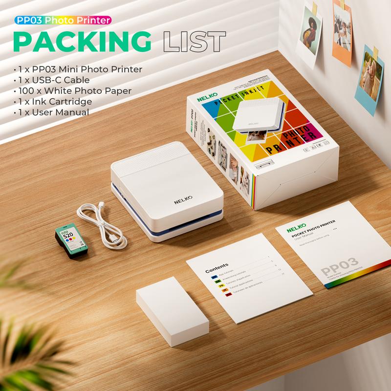 Nelko Pocket PP03 Instant Smartphone Inkjet Photo Printer With 100 Photo Papers, Portable Mini Color Wireless Mobile Printer, Bluetooth Compatible with iOS & Android Devices, Fun Editing App, Ideal Valentine's Day Gift