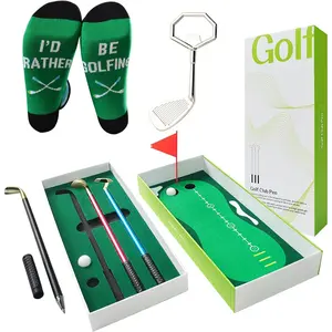 Golf pen set, mini desktop golf pen,with 3 Golf Club pens and 2 balls, putting green, flag,  socks,  bottle opener, Father GIfts t grip ball marker