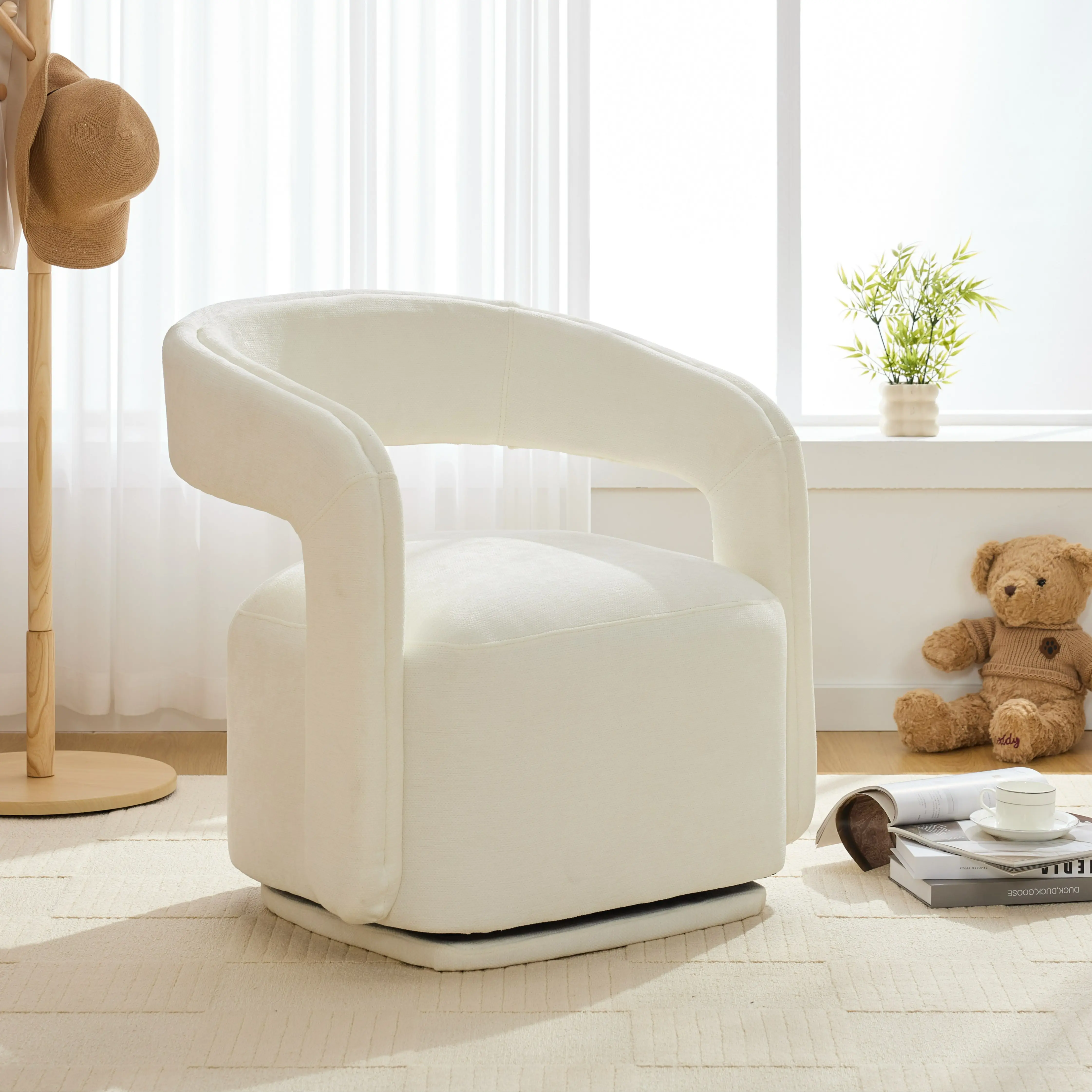 Eyisean 360° Rotating Modern Barrel Lounge Reading Armchair with Armrest - 22" Seat Depth & Width, Comfy Chenille Fabric, Ergonomic Supportive Sitting, Easy Assembly, Spot Clean, Rolling, Space-Saving Small Room Indoor Furniture for Comfy At Home Ideas