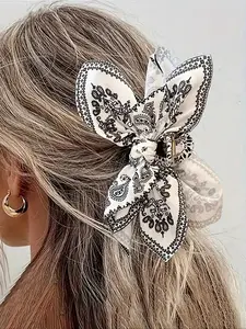 Bohemian Style Hair Clip with Print Bow Design, Elegant Fabric Twist Butterfly Clip for Daily & Casual Beach Vacation Use, Hair Accessory
