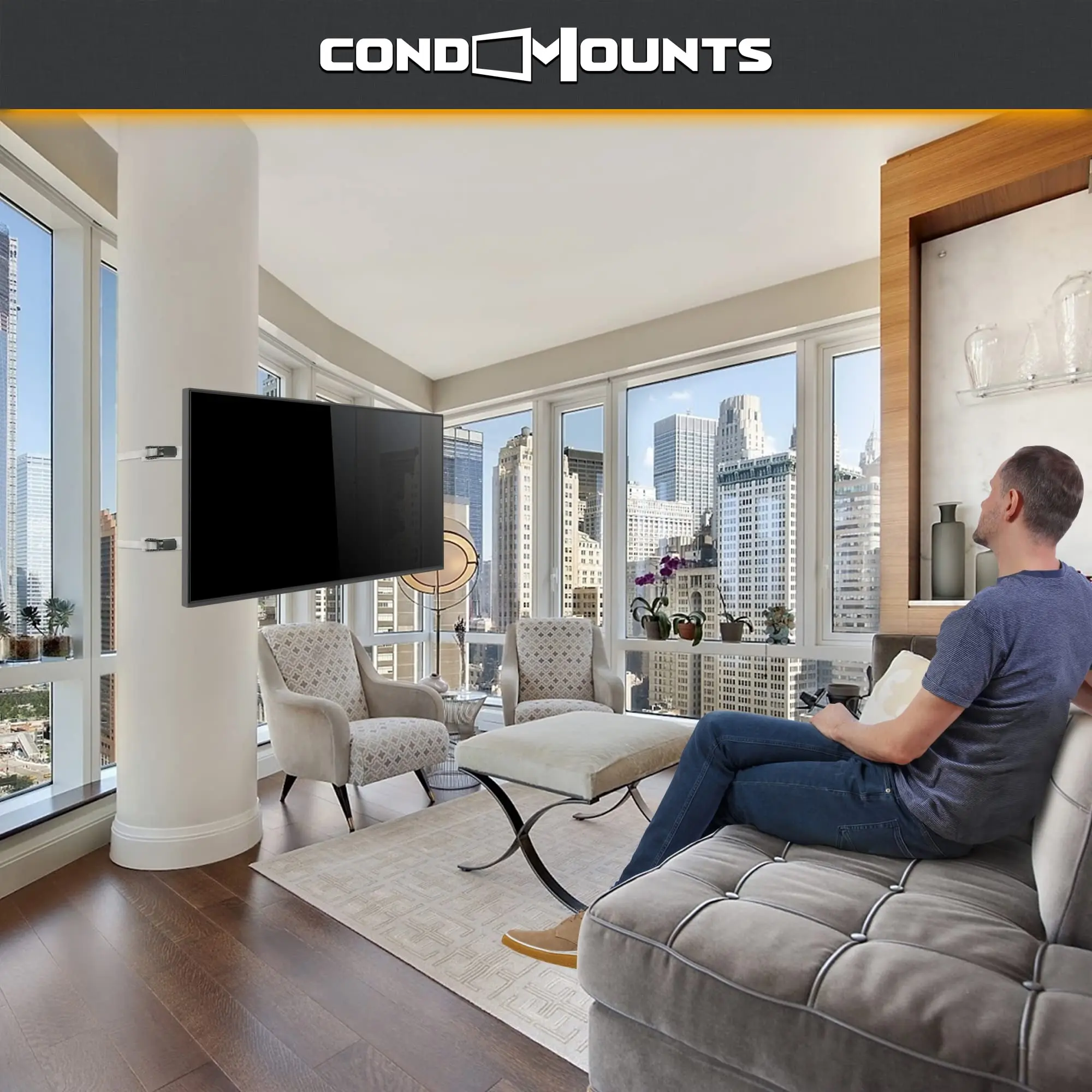 CondoMounts CLMTVA1044 Full Motion LARGE Pillar TV Mount | Column TV Mount | Round & Square TV Post Mount | NO Drill | Holds 80lbs | Fits 32-in. to 70-in. TVs | Fits pillars 8-in & Wider | White Strap