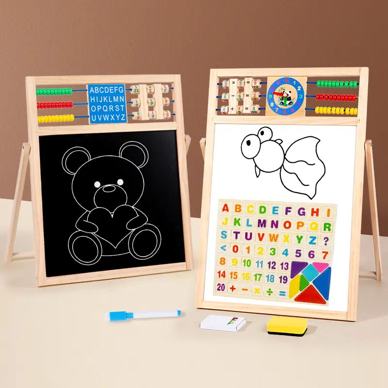 Wooden Standing Art Easel for Kids, Double Sided Chalkboard Whiteboard with Alphabet Numbers Clock & Tangram, Educational Learning Toys for Toddlers, Kids Toys for Boys Girls