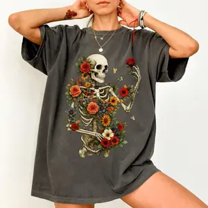 Comfort Colors Dark Botanical Skeleton TShirt Gothic Cottagecore Tee Floral Skull Tshirt Dark Academia Boho Grunge Flower Boquet Skeleton