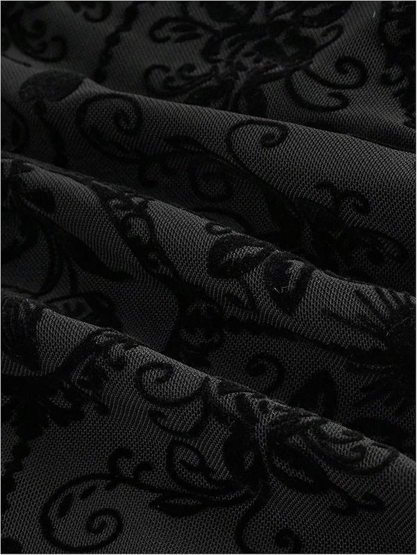 Verdusa Women's Gothic Clothes Flare Sleeve Tops Flower Pattern Velour Cross Lace-up Waist Crop Top Plus Size Double Pull Zipper Bodysuit Unisex Spandex