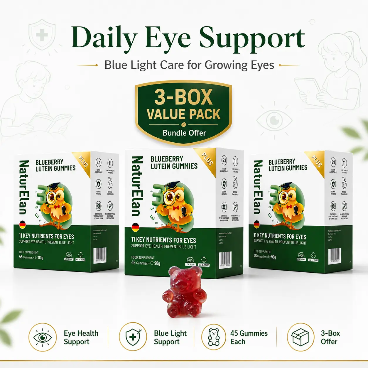 NaturElan Nobel-Grade Eye Health Gummies | Blue LightSupport, Eye Fatigue Relief & Vision Support for Screen Users|Sugar Free